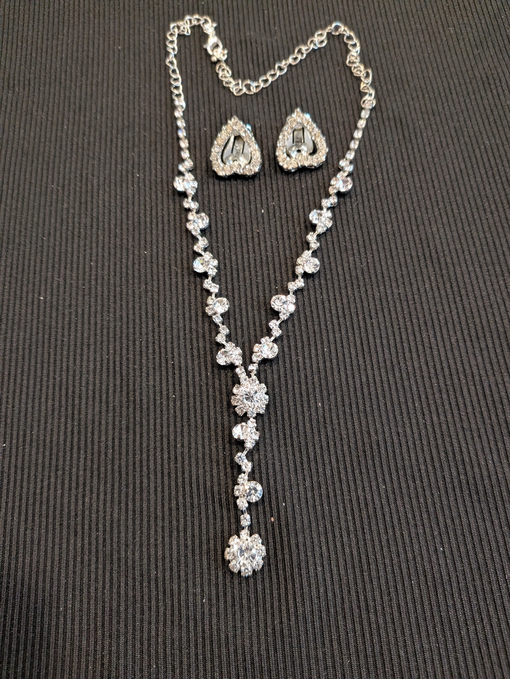 Silver Tone Crystal Drop Necklace 10" and Clip Earrings Set - Sparkling  Jewelry